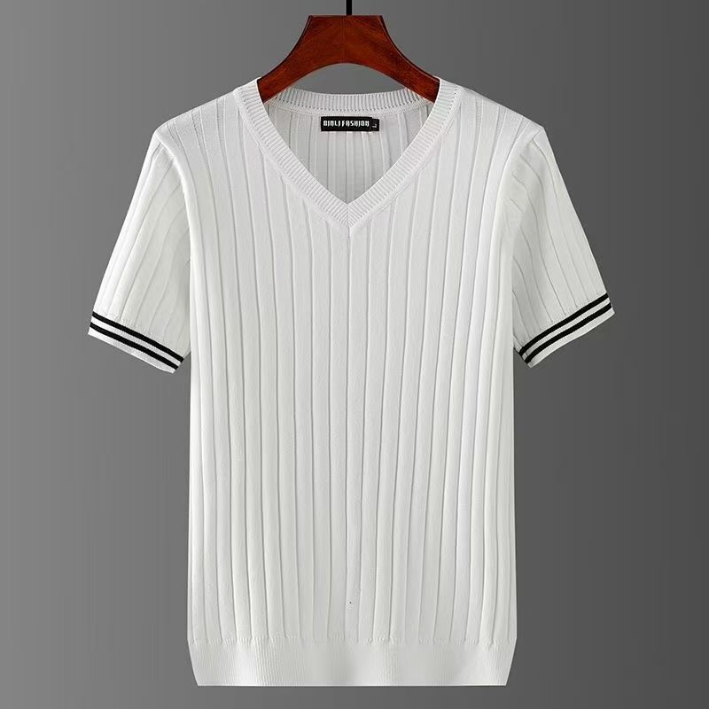 Men's Summer Sweetheart Neckline V-Neck Short-Sleeve Thin Cool Plus-Size Stretchy Casual T-Shirt