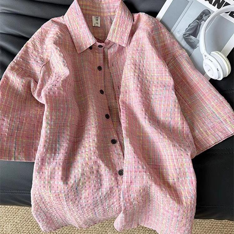 Korean-Style Loose-Fitting Textured Bubble Gauze Waffle Pink Loose Casual Shirt Jacket Sun Protection for Men