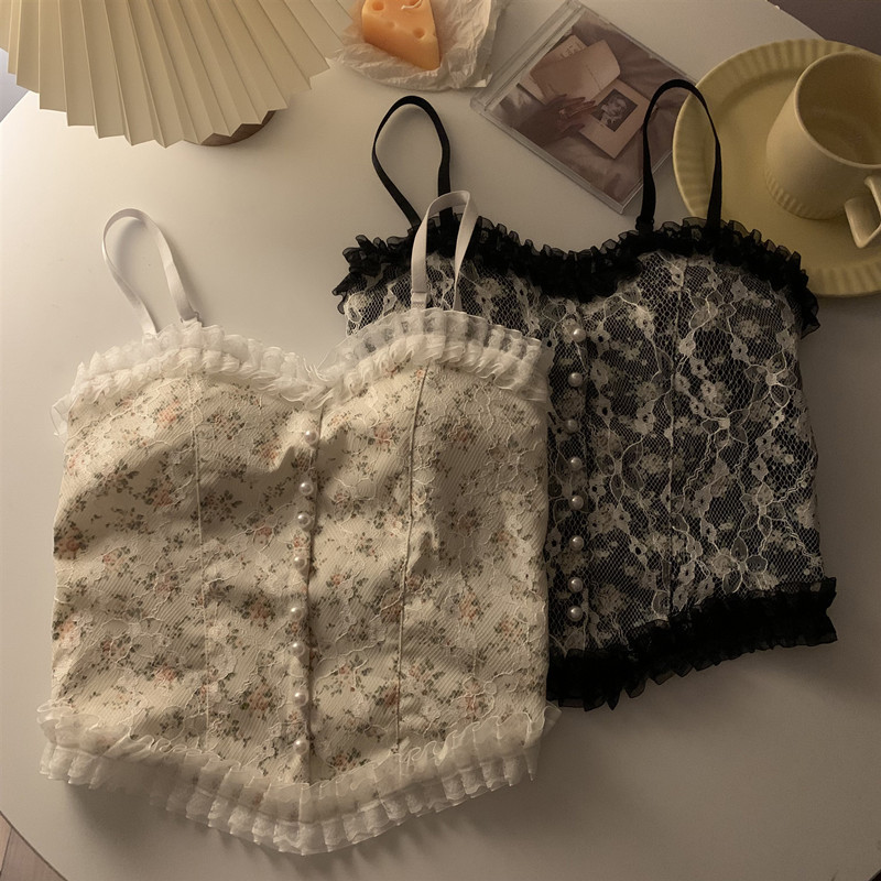 French Lace Trim Pearl Sexy Camisole for Women, Inner Wear with Built-In Bra, Outer Wear Tube Top French Lace Trim Pearl Sexy Camisole for Women, Inner Wear with Built-In Bra, Outer Wear Tube Top