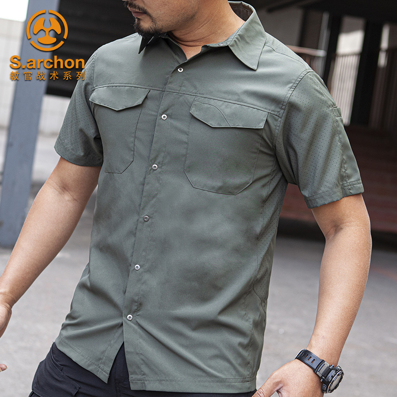 Archon summer outdoor short-sleeved shirt men's breathable military fan tactical quick-drying shirt lapel slim casual top