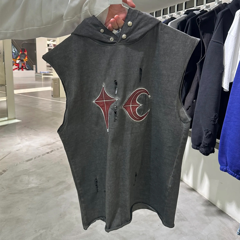 Thug Club Washed Vintage Patchwork Leather Embroidered Distressed Hoodie Sleeveless Vest, Same Style as Yang He Su