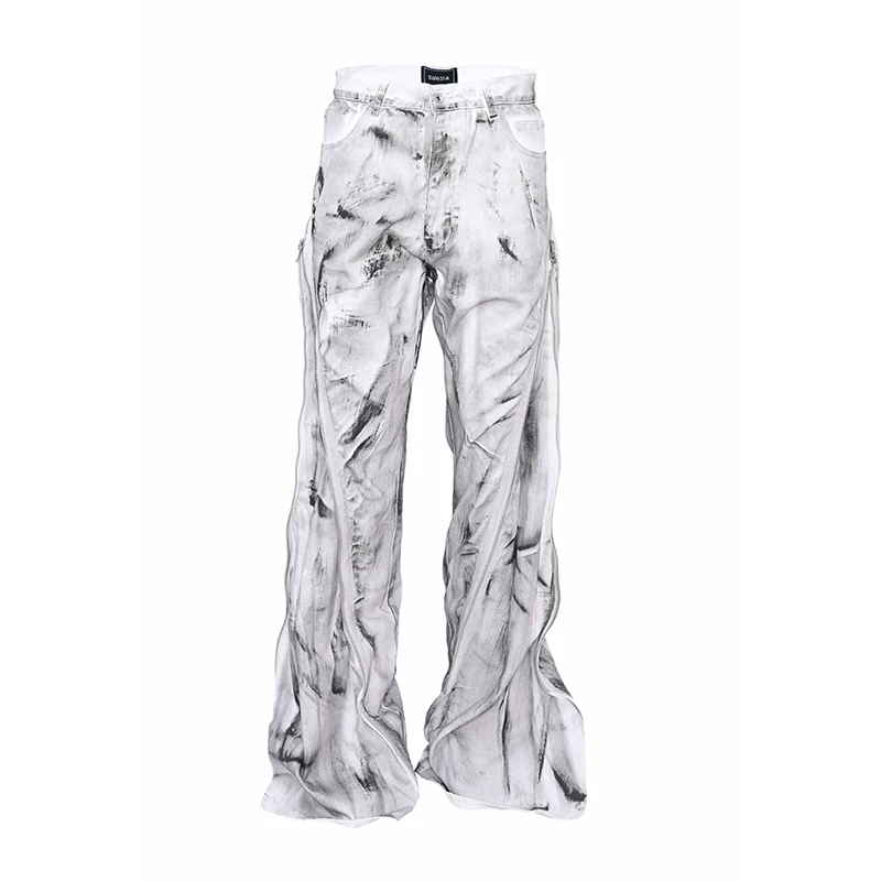 Белые джинсы с эффектом стирки, distressed, с зипом, свободного кроя, прямые, расклешённые, уложенные, застиранные