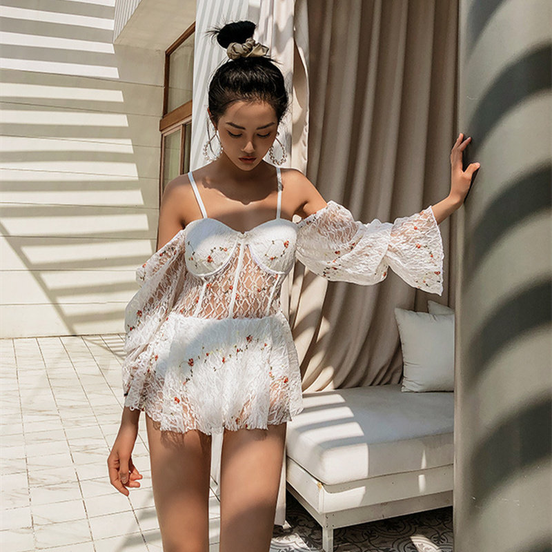 Korean ins wind new swimsuit women's one-piece skirt white fairy fan cover belly show thin sex catch hot spring swimsuit