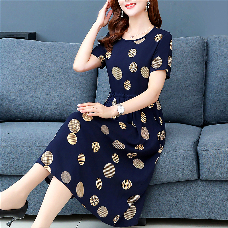 2026 New Summer Cotton Silk Dress for Mothers, Mid-Length Women's Short-Sleeved Dress for Middle-Aged and Elderly, Plus Size, Slimming Floral Dress