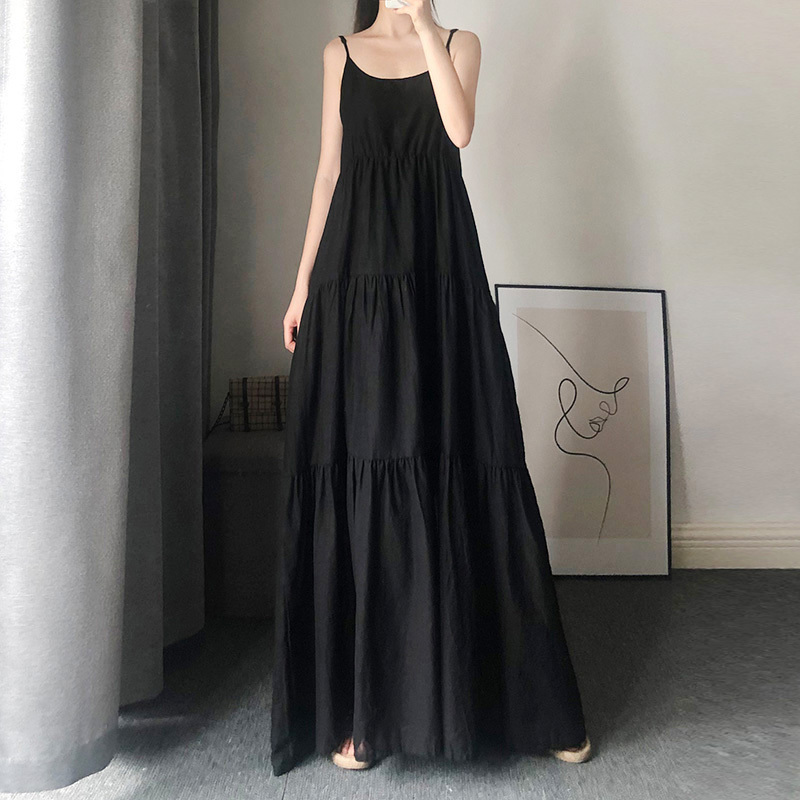 Tall Women's Long Slip Dress, Summer Cotton and Linen, Dark Black Yamamoto Style, Loose Fit, A-Line Skirt, Inner Wear Long Dress