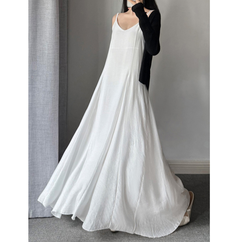 White Spaghetti Strap Dress, Summer Drapey and Flowy, Asymmetrical Flared Skirt, Slimming, Ankle-Length Fairy Dress White Spaghetti Strap Dress, Summer Drapey and Flowy, Asymmetrical Flared Skirt, Slimming, Ankle-Length Fairy Dress