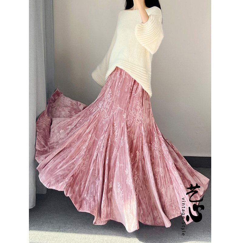 New Chinese-Style Pink Printed Velvet Skirt, Autumn and Winter Long Draped Skirt with a Large Hem, Step-By-Step Lotus Fish Tail Skirt