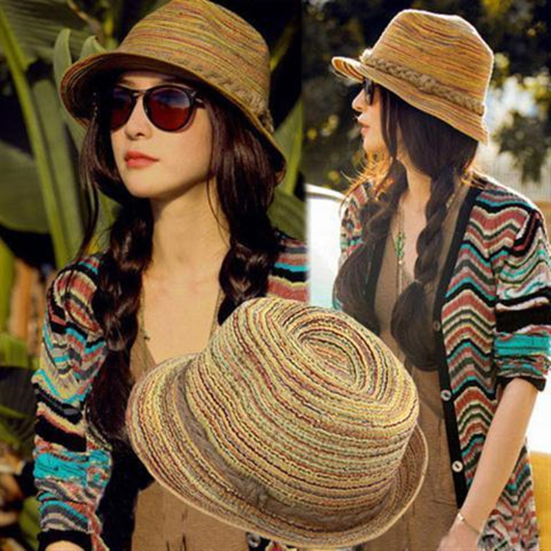 Summer Outdoor Bohemian Hemp Rope Rainbow Striped Women's Sun Hat Fashionable Jazz Straw Hat Beach Hat