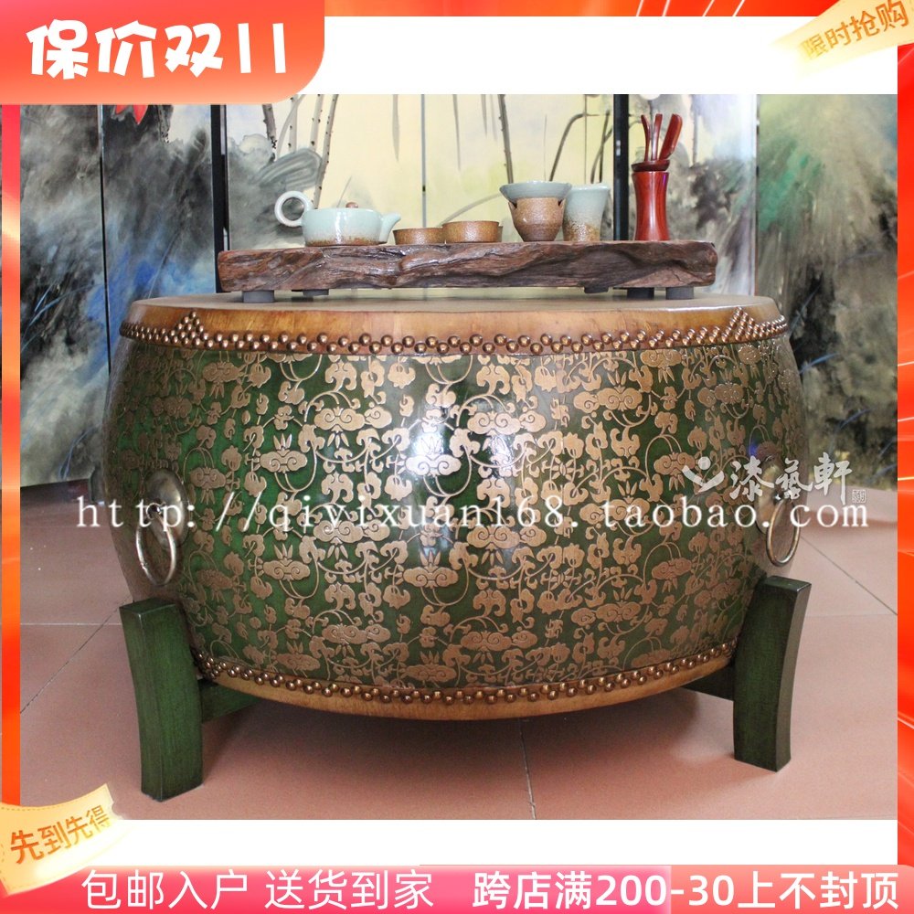 Modern Chinese neo-classical solid wood painted hand-painted furniture leather drum surface big drum coffee table tea table drum stool set