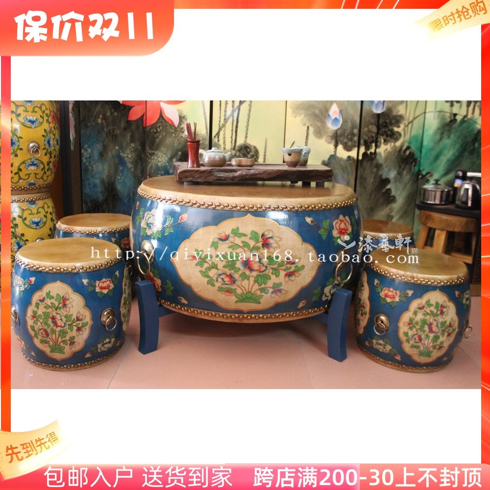 Neoclassical furniture Mediterranean painted living room drum coffee table solid wood cowhide hand-painted tea table antique tea table old drum