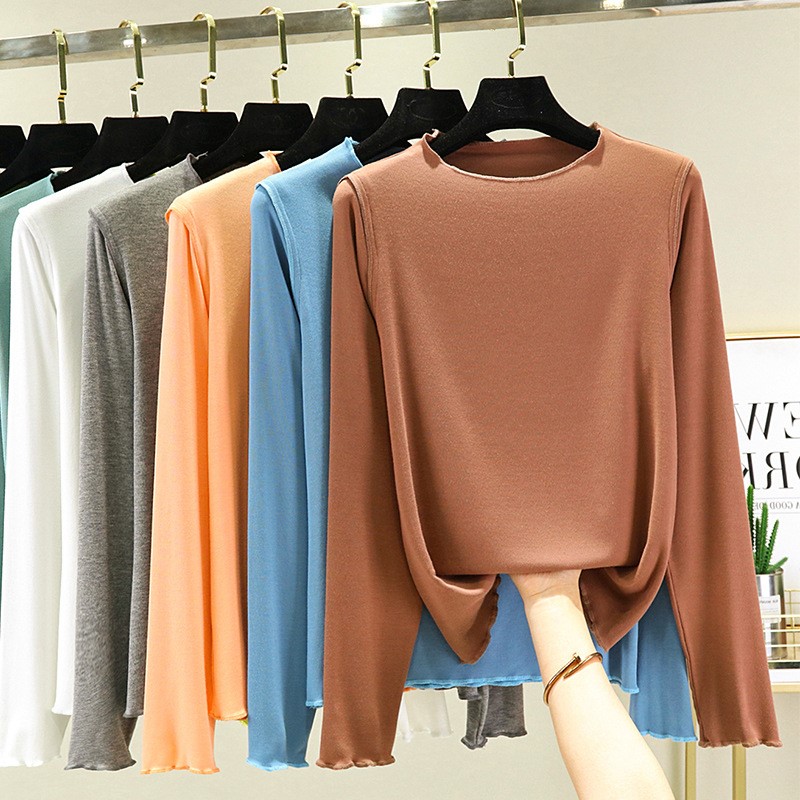 Modale long sleeve T-shirt female summer loose round neckline with bottom-shirt jacket outside wearing 100 lap T-shirt female