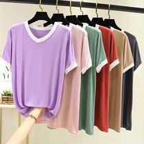 Modale short sleeve t-shirt female summer 2021 new v collar loose with slim collared undershirt Korean version 100 lap blouse women