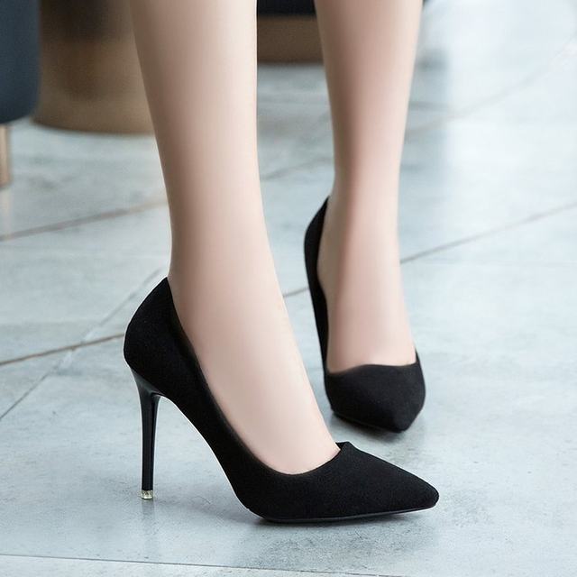 Etiquette shoes nude single shoes women's work shoes stiletto pointed high heels black professional suede medium heels 5cm 7 cm