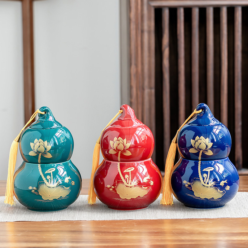 Gourd tea pot ceramic sealed pot storage tank storage box storage tank storage tea pot household medium ornaments moisture-proof