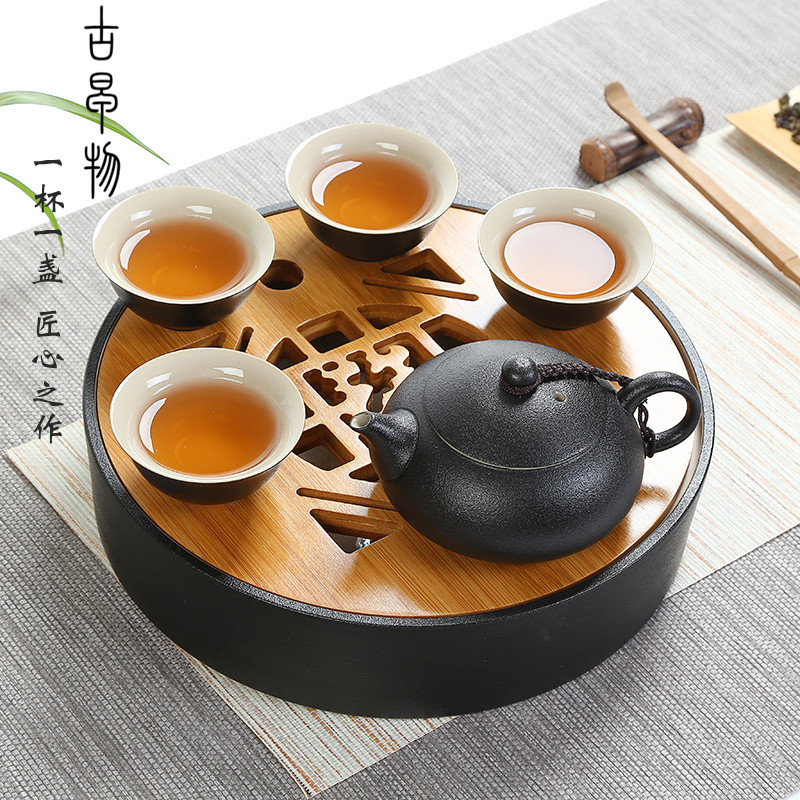 Black pottery portable travel kung fu tea set suit Black glaze porcelain office the whole Taiwan zen tea tea tray