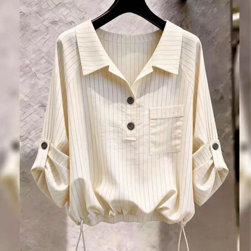 2026 Early Autumn New Striped Shirt, Slimming and Elegant, Plus Size, Loose and Fashionable Design, Casual Summer Roll-Up Sleeve Top 2026 Early Autumn New Striped Shirt, Slimming and Elegant, Plus Size, Loose and Fashionable Design, Casual Summer Roll-Up Sleeve Top