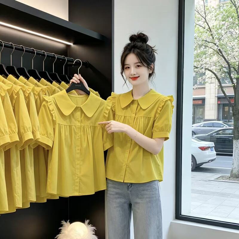 Brand Discount Store Clearance 2026 Summer Short-Sleeve Chiffon Loose Ruffled Doll Collar Age-Reducing Shirt
