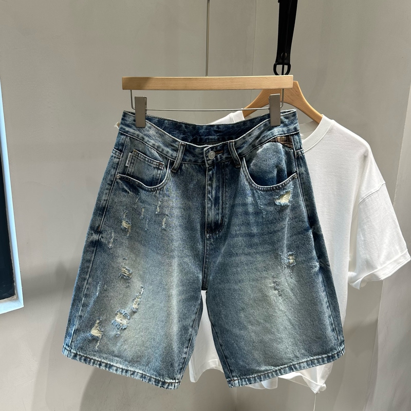 Introvert Retro Washed Distressed Denim Shorts for Men, Loose Casual Versatile Five-Point Pants