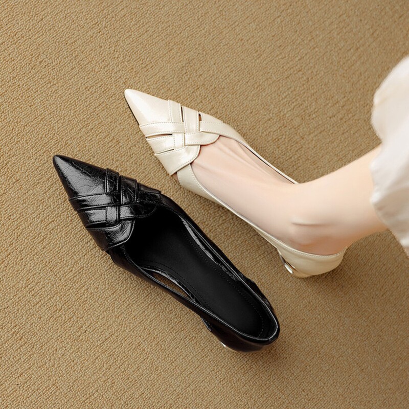 Handmade Genuine Leather French-Style Woven Pointed-Toe Single Shoes for Women, Summer Breathable Shallow Mouth Elegant Woven Sandals for Women