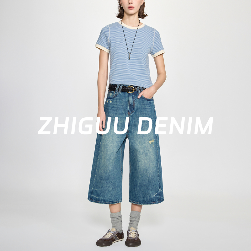American-Style High-Waisted Ripped Cropped Jeans for Women, Summer Loose Fit, Slimming Wide-Leg Pants, Casual Design Mid-Length Pants American-Style High-Waisted Ripped Cropped Jeans for Women, Summer Loose Fit, Slimming Wide-Leg Pants, Casual Design Mid-Length Pants