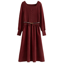 Single Bundle (New Year Series) French Square Neck Knitted Splicing Fake Two-piece Dress Winter Gentle Niche Fairy Dress