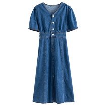 Single-bunch plus size womens retro waist fishtail slit denim skirt summer thin elastic slimming V-neck dress