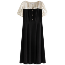 Single-bundle French style contrasting color splicing temperament square neck dress womens summer new style slightly fat mm waist slimming little black dress