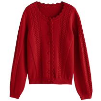 Single bundle large size womens wavy design sweater jacket womens cardigan autumn and winter slightly fat MM retro red sweater