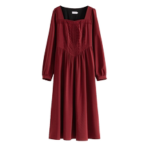 Single Bundle (New Year Series) (Yiren Ruomeng) French Retro Red Square Neck Dress Autumn for Slightly Fat mm