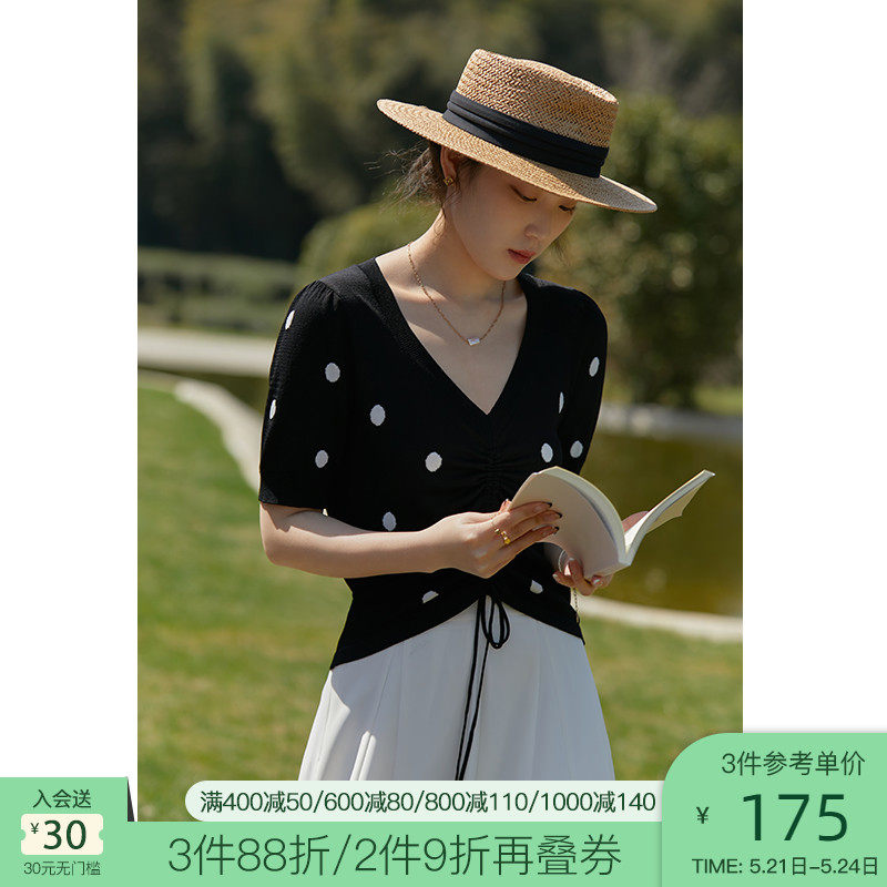 Single size (adjustable drawstring placket) French polka dot V-neck front shoulder knit T-shirt women's summer 2022 new model