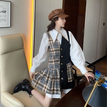 High-end big brand withdraws European station European goods South Korea East Gate brand mosaic plaid vest dress pleated skirt
