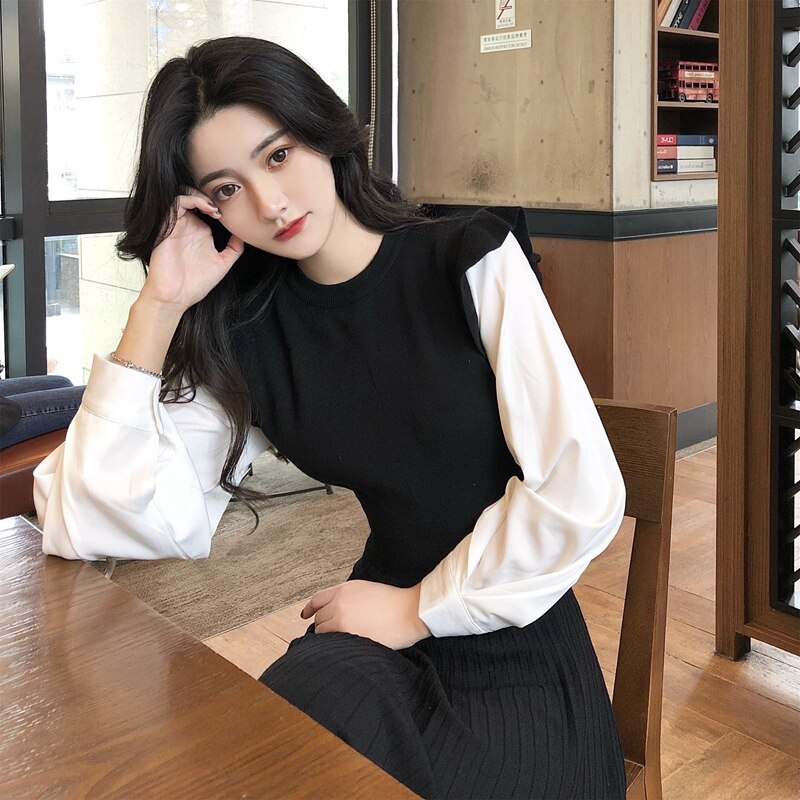 Korean version of fake two splicing knit foreign clothes 2022 new fall goddess Fan cashige waist display slim long sleeve bottom dress