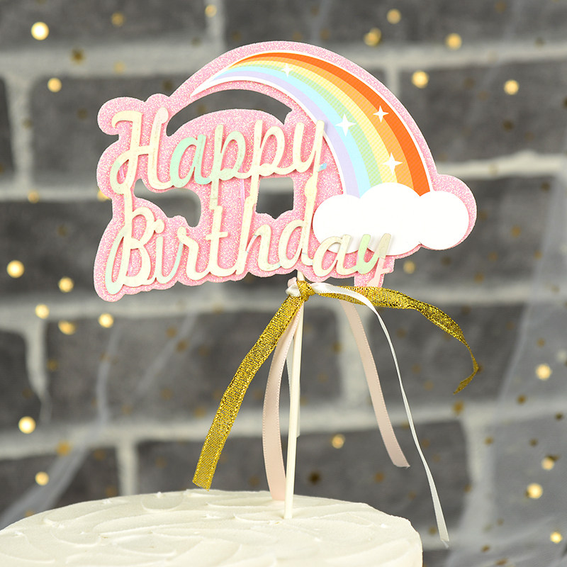 Red cake decoration plug-in Rainbow hot balloon clouds Happybirthday Birthday card