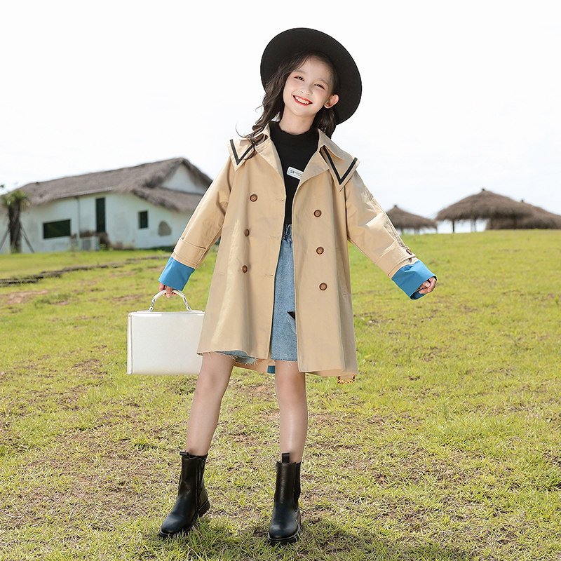 Girls' spring coat 2022 middle-aged children's foreign style net red windbreaker spring and autumn new children's Korean version medium-length coat