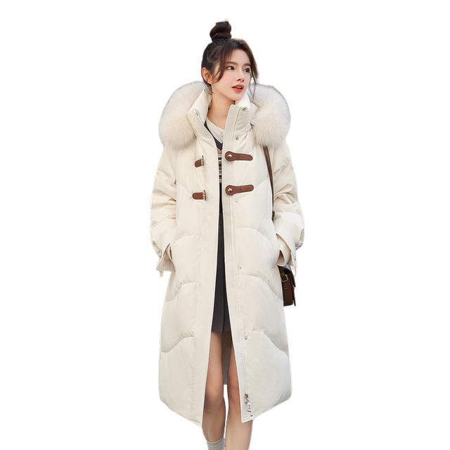 Fox fur collar long down jacket flying in the snow hooded