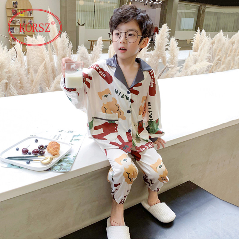 Children's Pajamas Boys Spring and Autumn Ice Silk Long Sleeve Suit Thin Mid-Year Children's Summer Boys Silk Home Clothes Suit