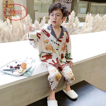 Childrens pajamas Boys spring and autumn ice silk long-sleeved suit thin mid-sized childrens summer boys real silk home service suit