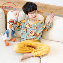 Childrens pajamas spring and autumn boys thin cotton long-sleeved round neck middle and large childrens cotton boys home service suit summer