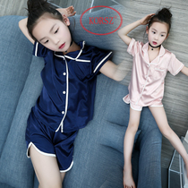 Childrens pajamas girls summer ice silk suit thin Korean summer short-sleeved medium and large virgin girls silk home clothes