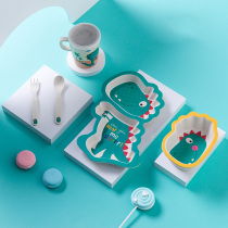 Bamboo fiber childrens dinosaur tableware baby special dinner plate cartoon baby supplement Bowl Spoon home toddler plate