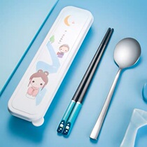 Childrens students cute portable cutlery suit Anti-slip stainless steel mildew-proof chopstick spoon containing box Two sets