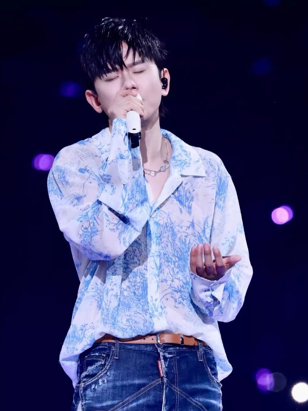 Zhang Jie, the Celebrity, Wears the Same Style of Loose Casual Blue and White Collared Long-Sleeved Shirt with Plant Print Design, Giving It a High-End Trendy Feel