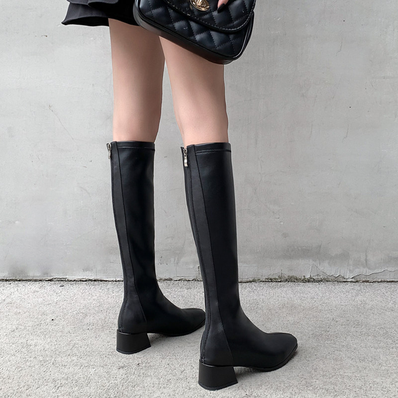 Knee-length boots women's small mid-tube boots thick-heeled long-tube knight boots women's spring and autumn single boots look thin tall boots