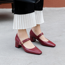Grandma shoes female coarse heel small balsamic wine red mari precious shoes retro style little high heel shoe minimalist shoes