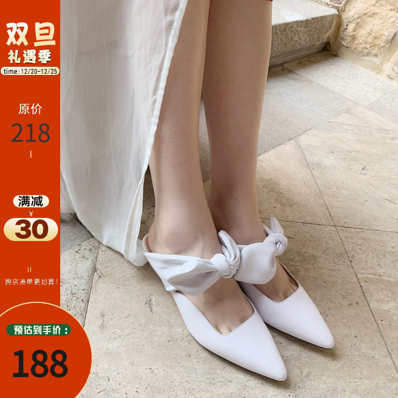 (Double Song) Cat Heel Net Red Half Slippers Women Outerwear Middle Heel No Heel Muller White Baotou Sandals