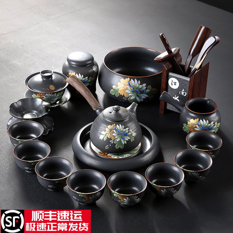 Black Pottery Kung Fu Tea Set Day Style Retro Zen Wind side to make pot Undertaking Home Jane about green flower Ceramic Lid Bowl Tea Cup Suit