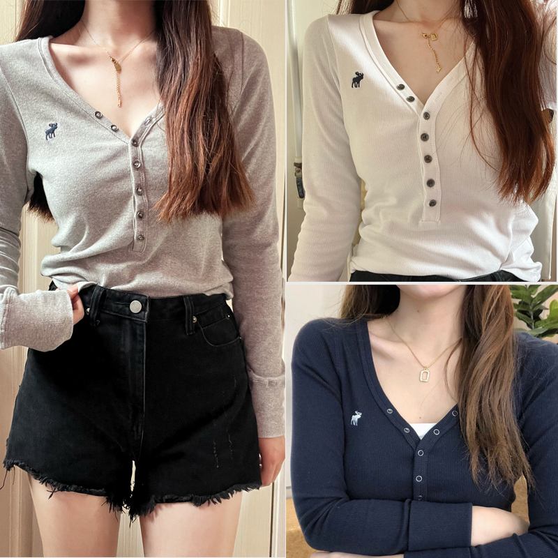 2026 Spring and Autumn Af Long-Sleeve Slim-Fit T-Shirt Black Henley Shirt Women's Button-Up Cardigan Base Shirt Top