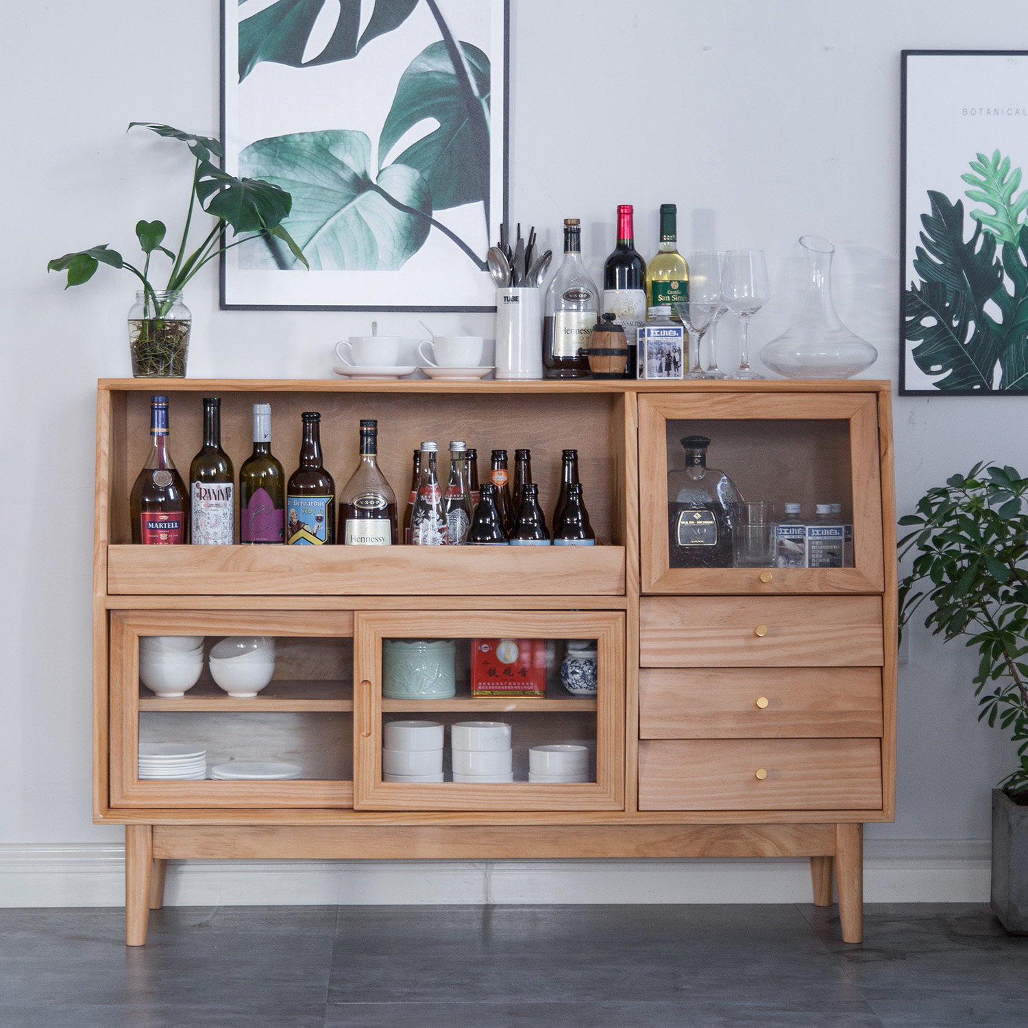 Nordic all solid wood bucket cabinet dining cabinet simple sliding door cupboard tea cabinet living room porch cabinet creative glass cabinet