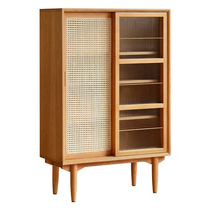 Nordic solid wood bookcase with door glass cabinet magazine cabinet Japanese-style living room rattan bookshelf homestay wind side cabinet locker