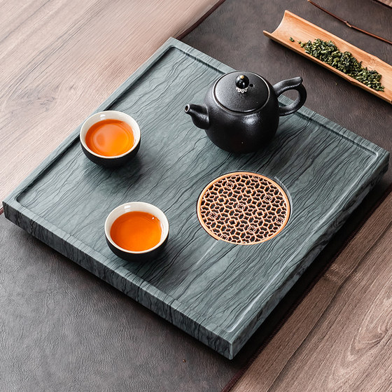 Wood grain stone whole piece black gold stone tea tray Chinese style rectangular drainage tea table simple stone household tea sea tray